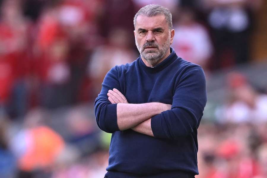 Tottenham Hotspur Head Coach Ange Postecoglou looks on during the defeat against Liverpool.