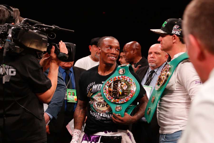 O'Shaquie Foster celebrates his victory over Rey Vargas for the vacant WBC super-featherweight title in San Antonio, Texas