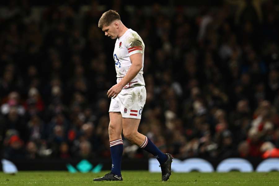 England's fly-half Owen Farrell leaves the pitch after the Six Nations international rugby union match between Wales and England