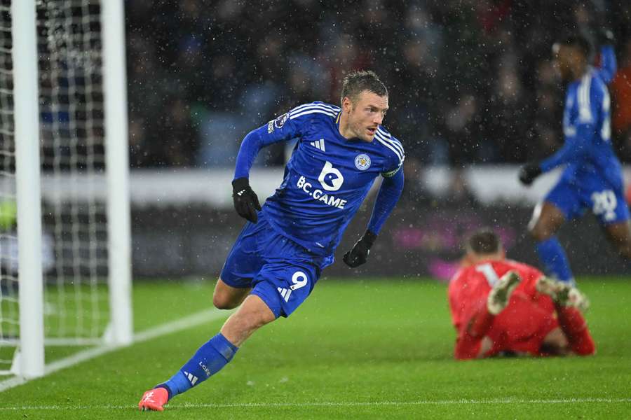 Vardy scored Leicester's first of two goals in the space of six minutes 