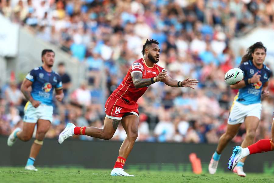 Hamiso Tabuai-Fidow in action for the Dolphins during their round five game against Gold Coast Titans.