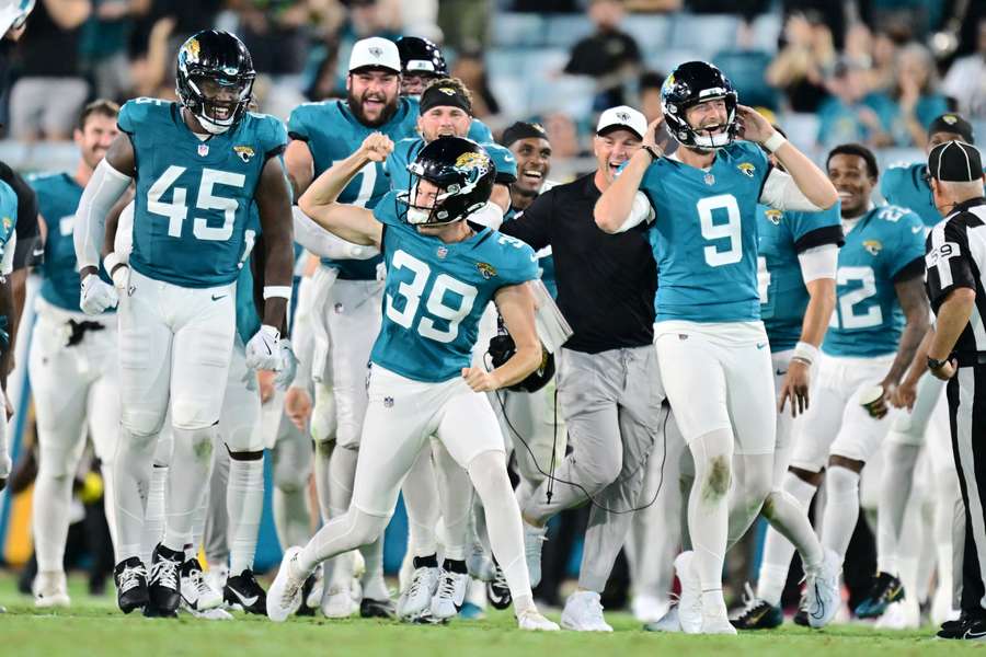 Jacksonville Jaguars' Cam Little celebrates kicking a 70-yard field goal during a preseason game.