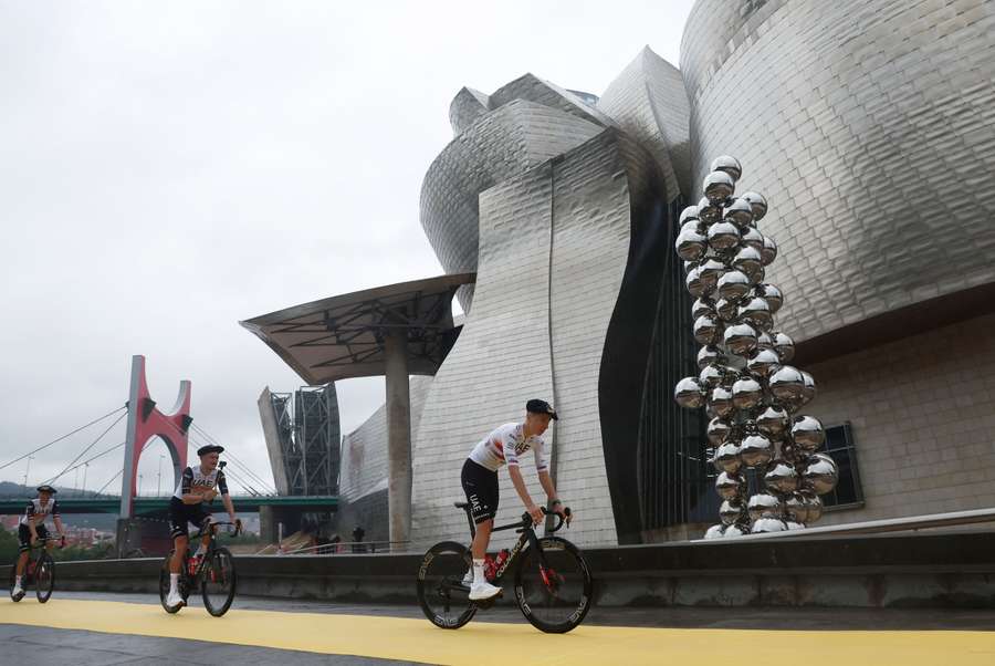 Tadej Pogacar heads to the team presentation in Bilbao