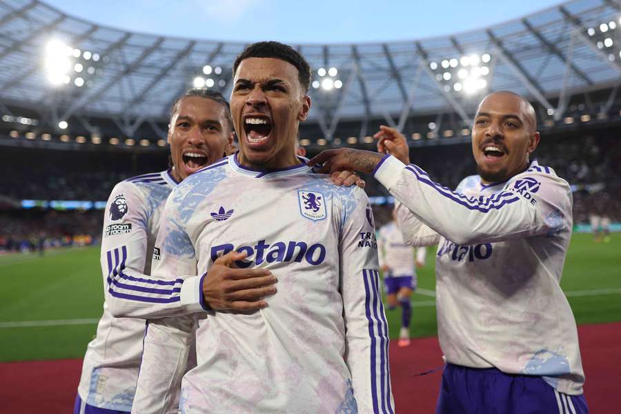 Morgan Rogers celebrates after Aston Villa take a 3-2 lead over West Ham in the 79th minute Morgan Rogers celebrates after Aston Villa take a 3-2 lead over West Ham in the 79th minute