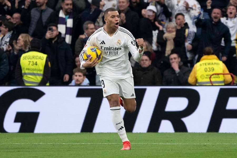 Mbappe celebrates his third goal with Bellingham