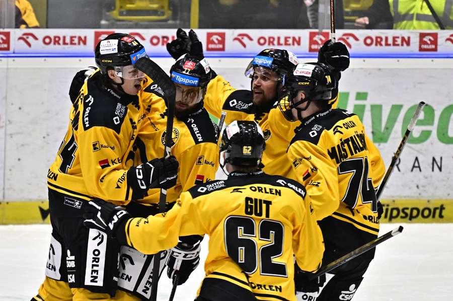 Hráči Litvínova  slaví gól v utkání s Jihlavou.