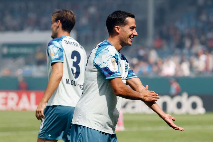 Lucas Vázquez celebra un gol con el Leverkusen este sábado en la Copa