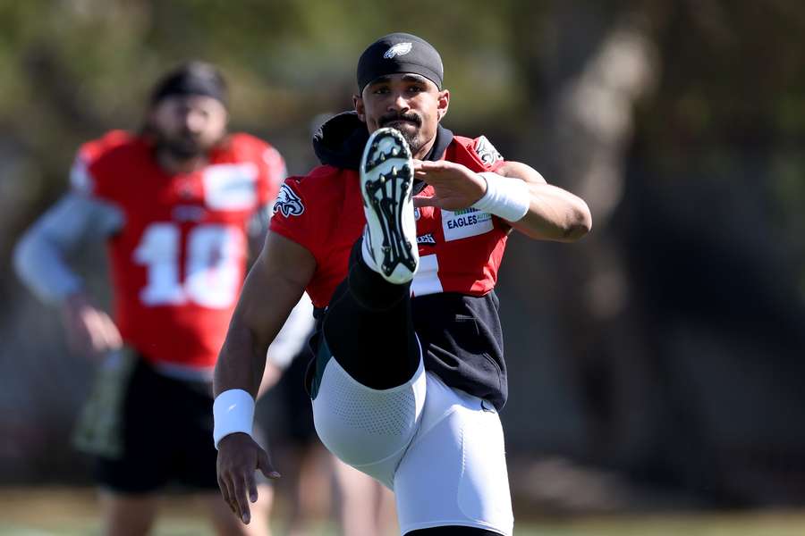 Jalen Hurts #1 of the Philadelphia Eagles participates in a practice session prior to Super Bowl LVII