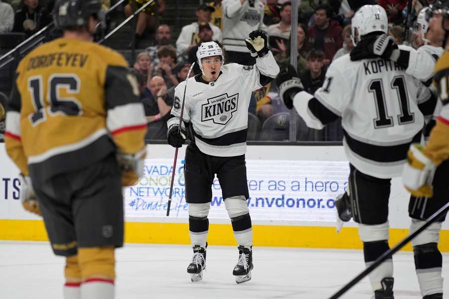 Los Angeles Kings' Andrei Kuzmenko celebrates after Los Angeles Kings centre Anze Kopitar scores against the Vegas Golden Knights