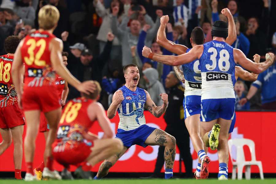 Cameron Zurhaar pumps his fists following his match-winning goal against the Suns.