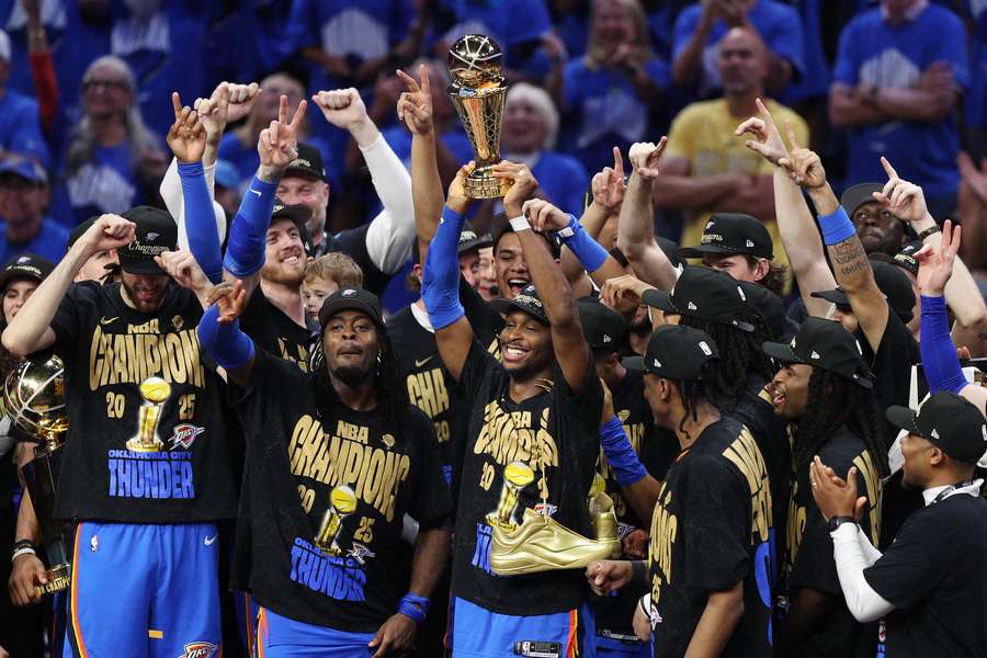 Oklahoma City Thunder celebrate their 2025 NBA Finals championship win over the Indiana Pacers