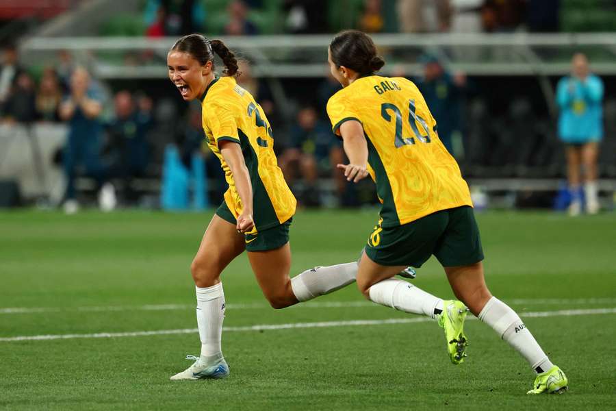 Australia's Bryleeh Henry celebrates scoring her side's third goal against Taiwan