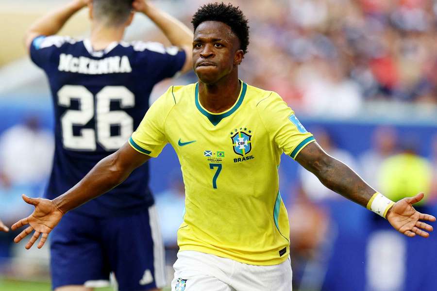 Brazil's Vinicius Junior celebrates scoring their first goal