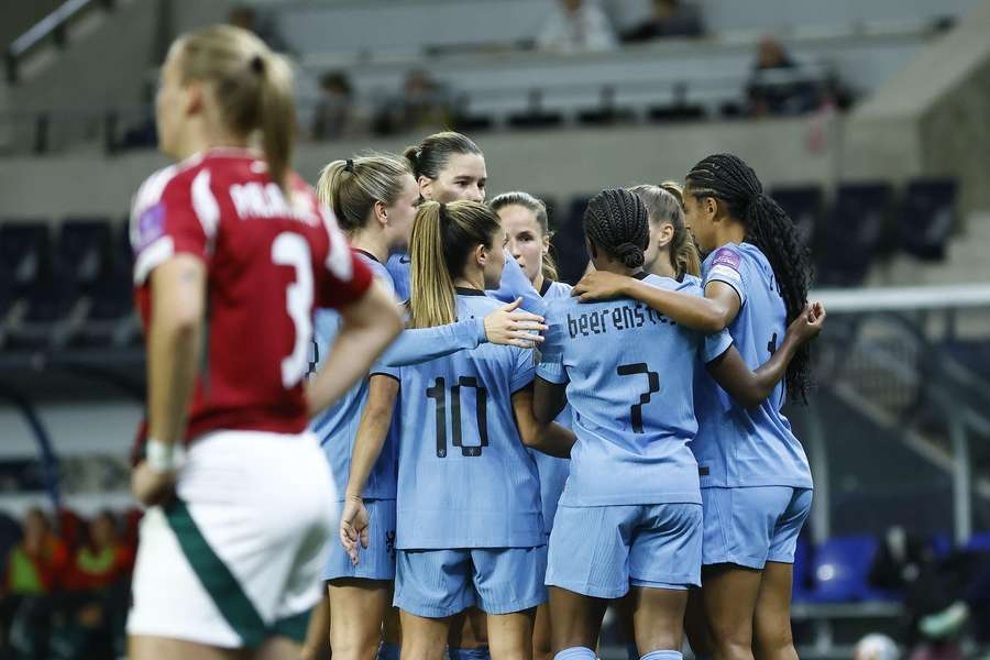 The Netherlands celebrate Esmee Brugts' goal against Hungary