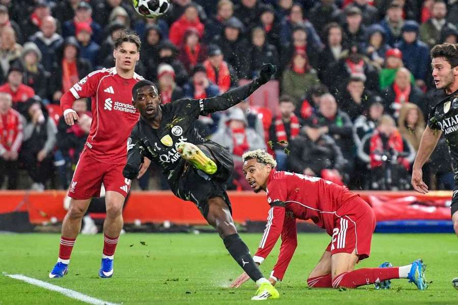 PSG's Ousmane Dembele takes a shot during the match against Liverpool PSG's Ousmane Dembele takes a shot during the match against Liverpool