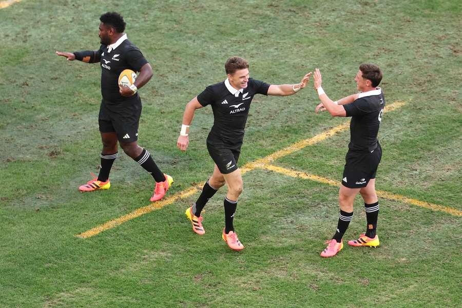 All Blacks celebrate try All Blacks celebrate try