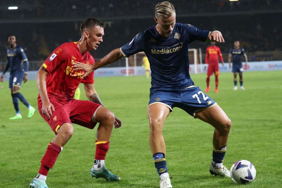 Antonin Barak shields the ball from a Lecce defender