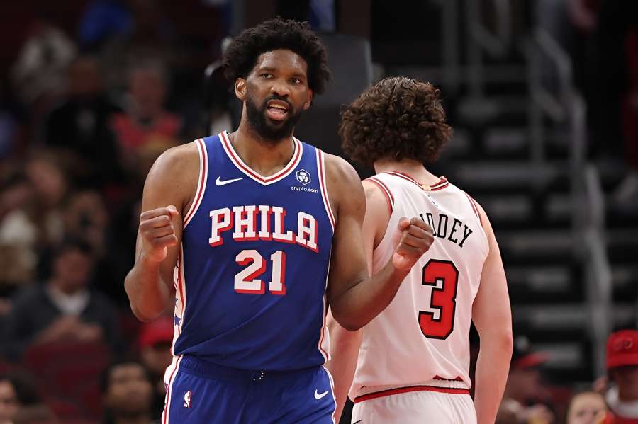 Embiid pumping his fist after a win against the Chicago Bulls