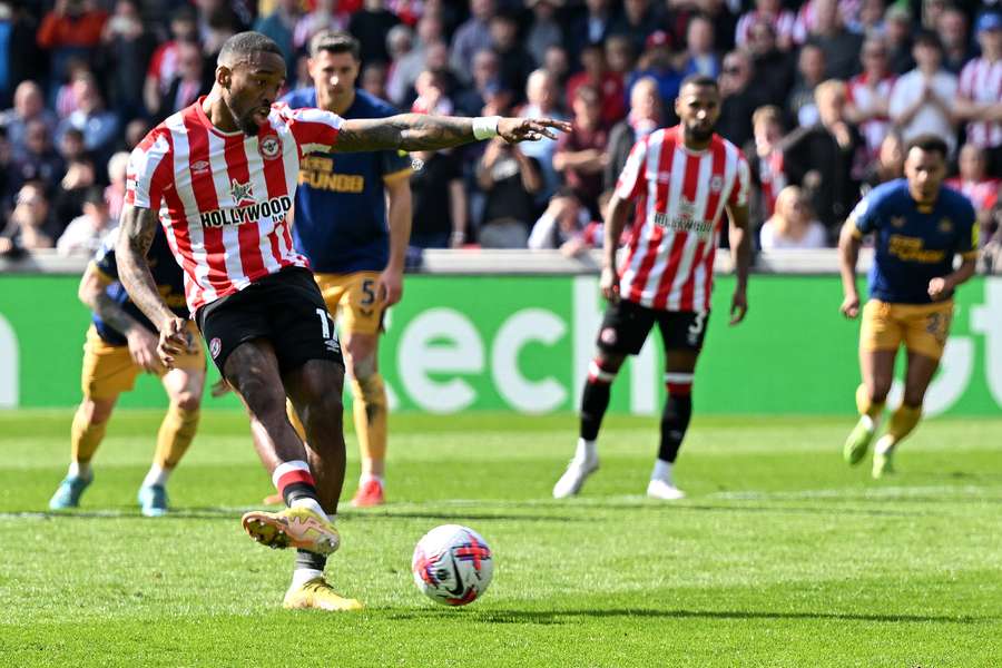 Ivan Toney takes a penalty but the shot is saved during the English Premier League football match between Brentford and Newcastle United