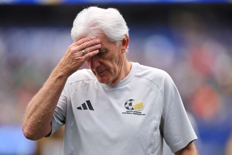 South Africa's Hugo Broos reacts after the loss to Canada