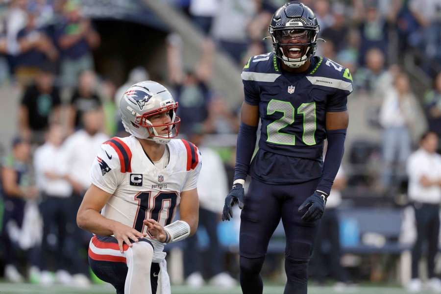 Seahawks' Devon Witherspoon (right) celebrates after putting pressure on Patriots QB Drake Maye (left) Seahawks' Devon Witherspoon (right) celebrates after putting pressure on Patriots QB Drake Maye (left)