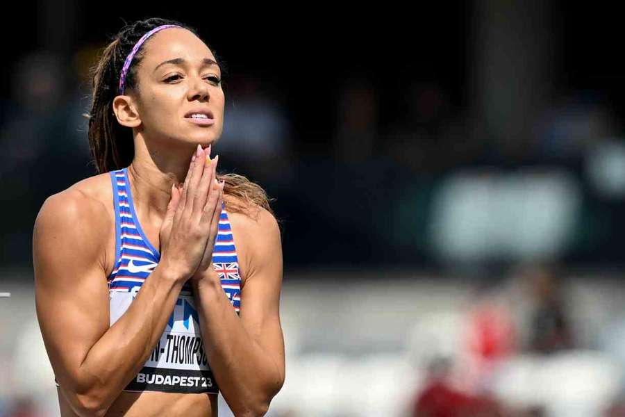 Katarina Johnson-Thompson reacts while competing in the women's Heptathlon high jump