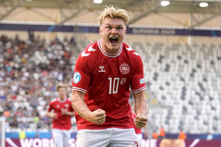 Conrad Harder celebrates scoring Denmark's scond goal