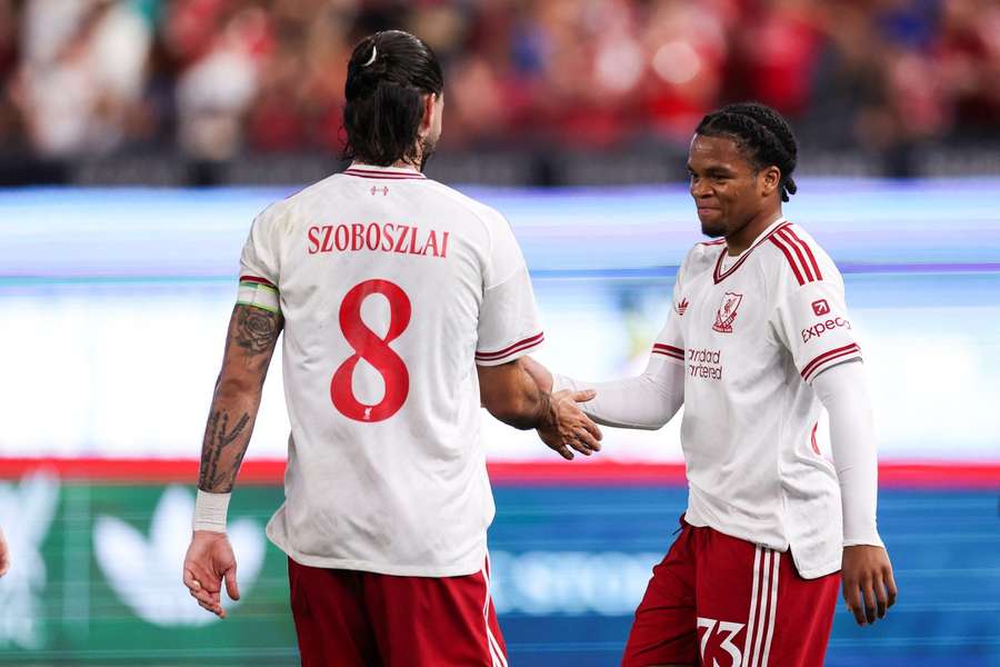 Rio Ngumoha (R) celebrates with teammate Dominik Szoboszlai Rio Ngumoha (R) celebrates with teammate Dominik Szoboszlai