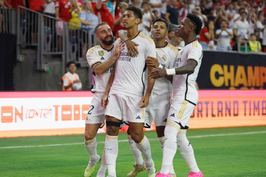 Bellingham celebrating his first goal for Real Madrid