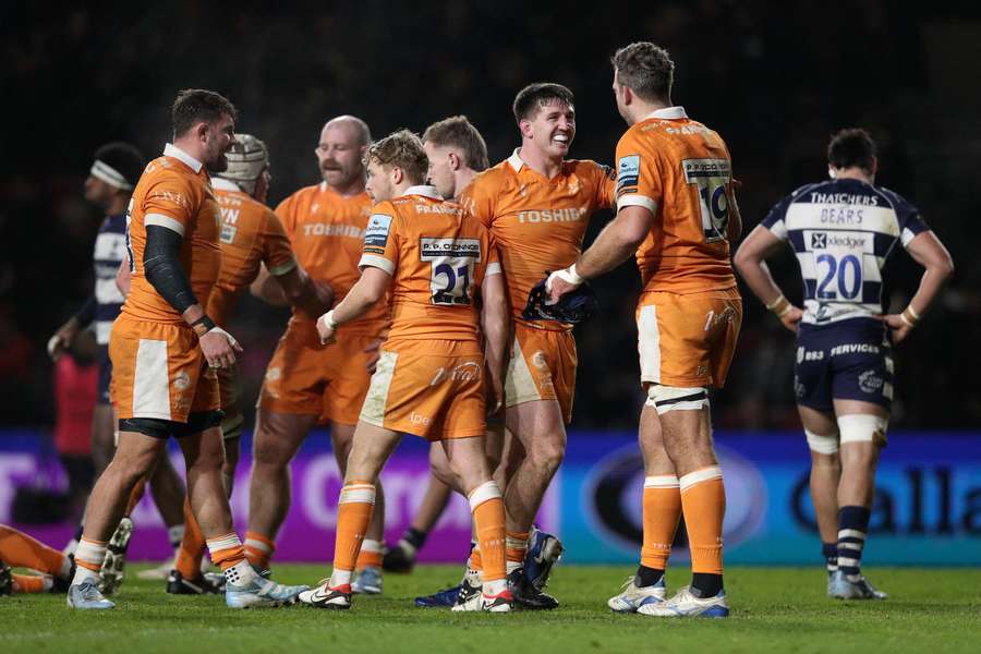 Sale's players celebrate their win