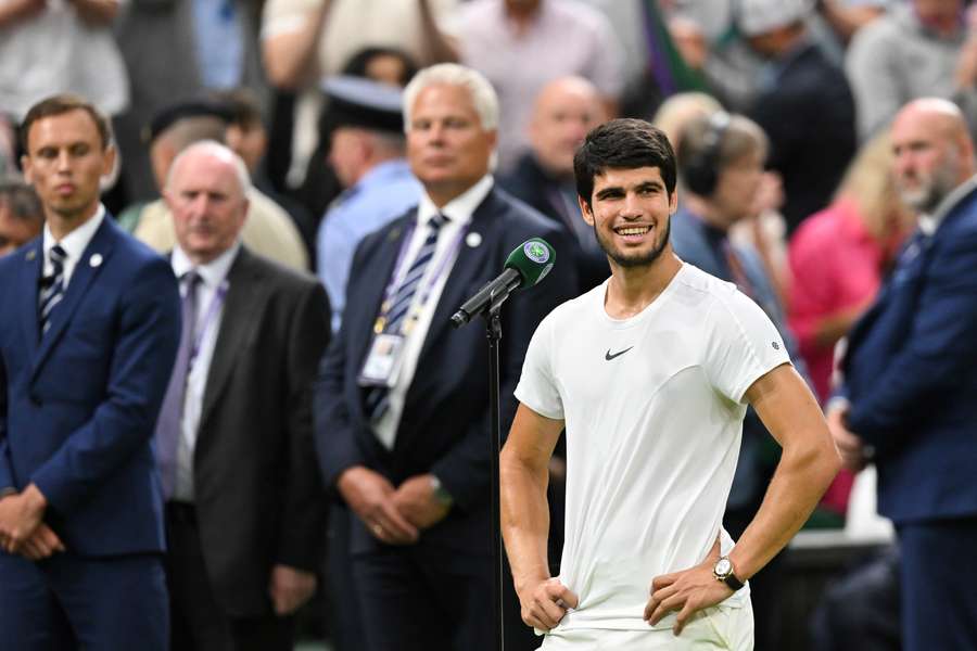 Spain's Carlos Alcaraz speaks during an interview following his victory against Russia's Daniil Medvedev