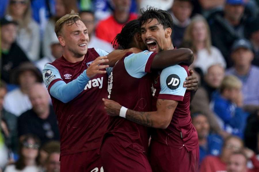 West Ham United's Michail Antonio celebrates with teammates
