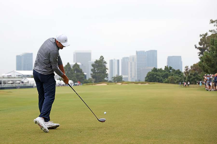 Scottie Scheffler of the United States plays a shot during a practice round