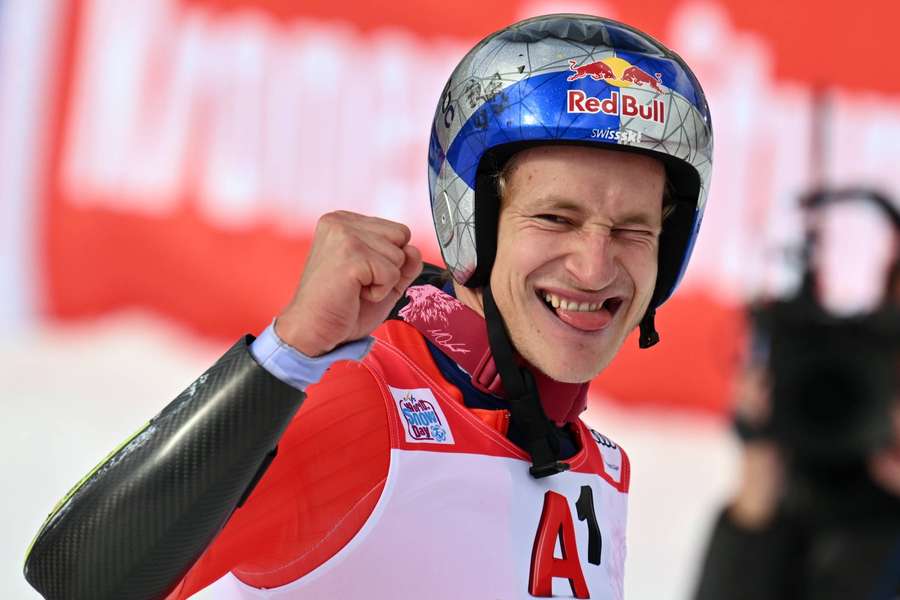 Marco Odermatt celebrates after winning the men's giant slalom during the FIS Alpine Ski World Cup in Soelden.