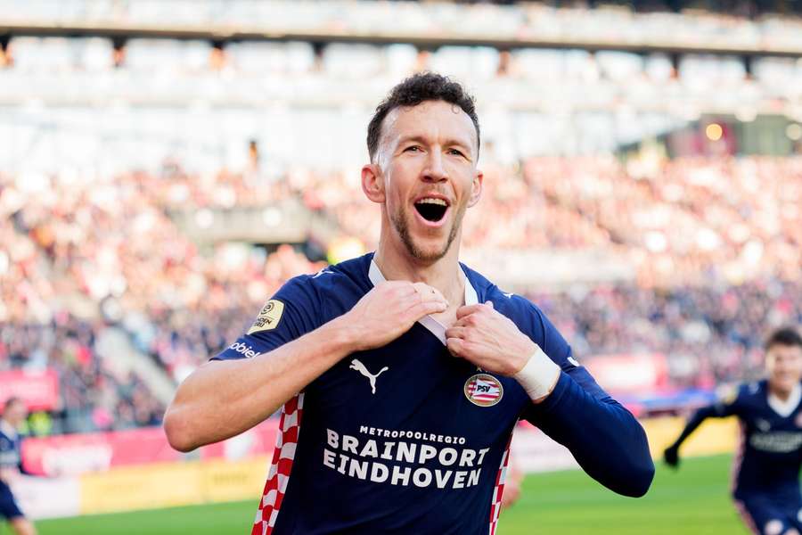 PSV's Ivan Perisic celebrates scoring the winner against FC Utrecht