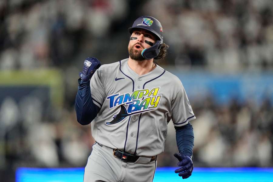 Rays' Ryan Vilade reacts after hitting first Postseason home run during ALDS Game 3 against the New York Yankees