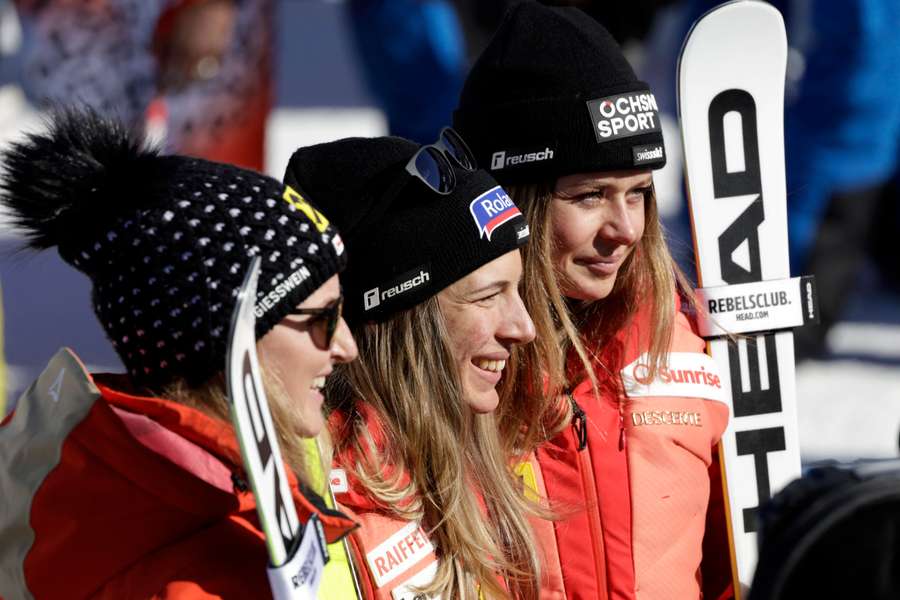 Switzerland's Jasmine Flury celebrates after winning the Women's Downhill0