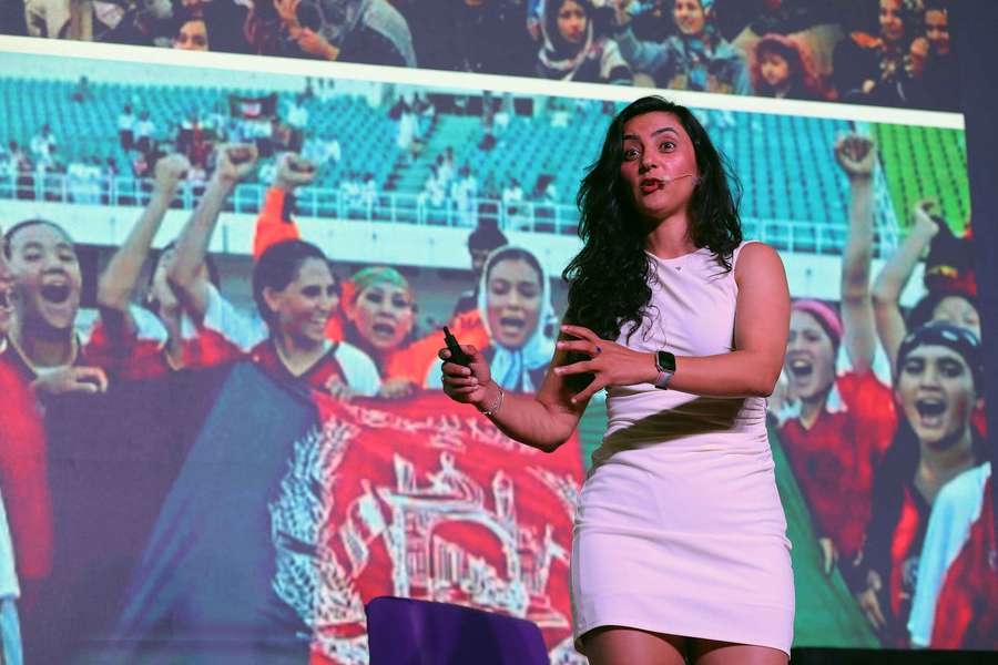 Khalida Popal speaks at a forum in Medellin, Colombia.