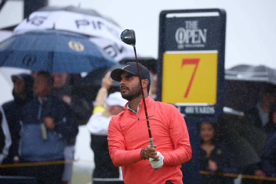 India's Shubhankar Sharma tees off on the 7th hole during the third round