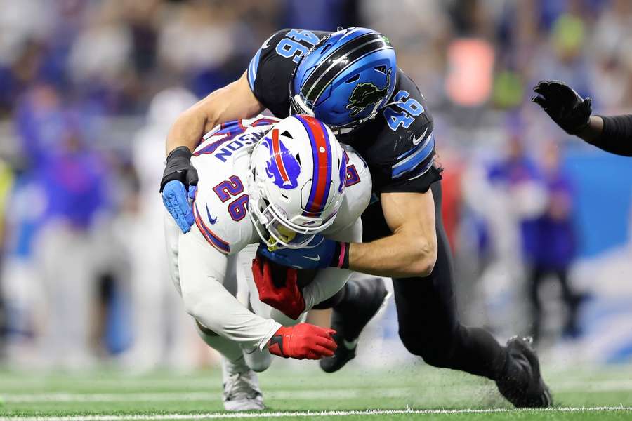 Bills running back Ty Johnson tackled by Lions linebacker Jack Campbell Bills running back Ty Johnson tackled by Lions linebacker Jack Campbell