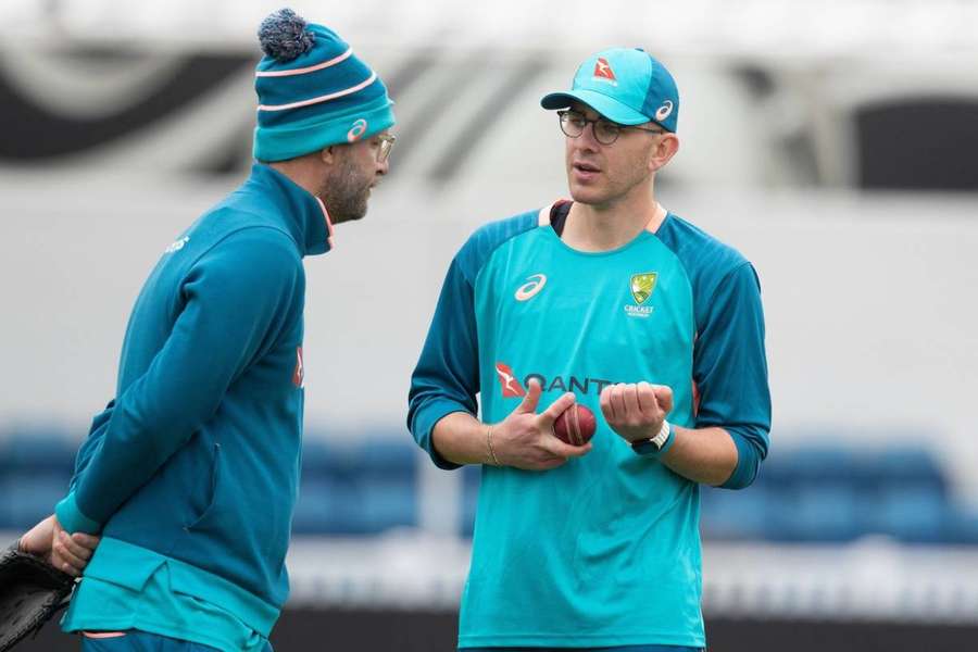 Todd Murphy (R) takes part in the Australia media day ahead of the Ashes series