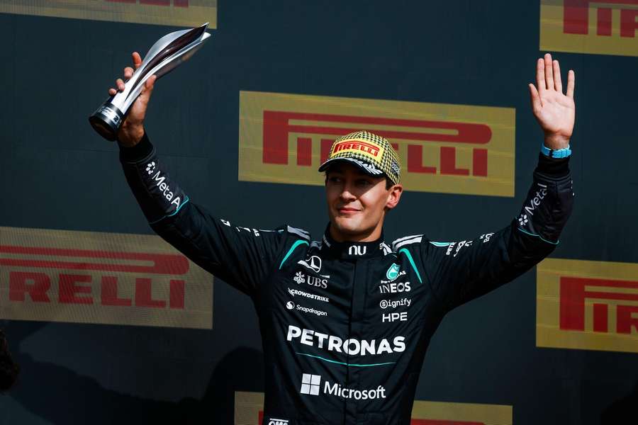 George Russell on the podium at the British Grand Prix George Russell on the podium at the British Grand Prix