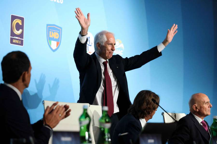 Newly elected Italian Football Federation (FIGC) president Giovanni Malago celebrates during Monday's press conference Newly elected Italian Football Federation (FIGC) president Giovanni Malago celebrates during Monday's press conference