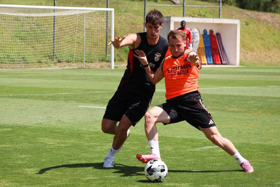 António Silva e Akturkoglu no treino do Benfica