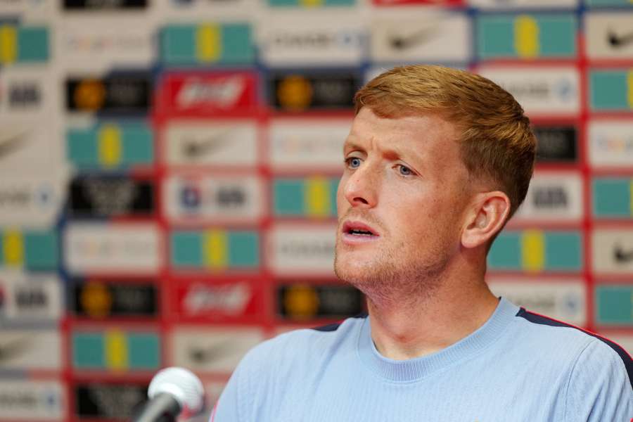 Pickford during an England press conference Pickford during an England press conference