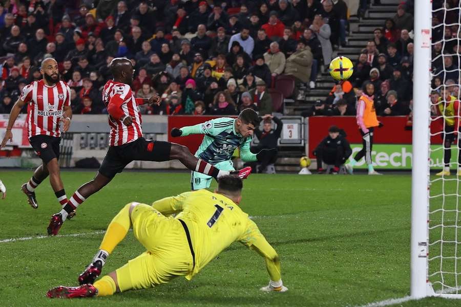 Fulham's Israeli striker Manor Solomon heads into an empty net to equalise