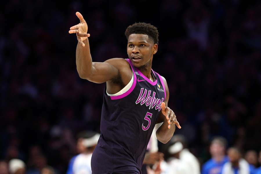 Anthony Edwards of the Minnesota Timberwolves celebrates his three-point basket against the Oklahoma City Thunder