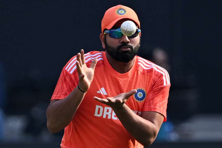 India’s captain Rohit Sharma takes a catch during a practice session
