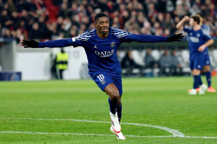 Ousmane Dembele bejubelt seinen Hattrick in der Champions League gegen Stuttgart