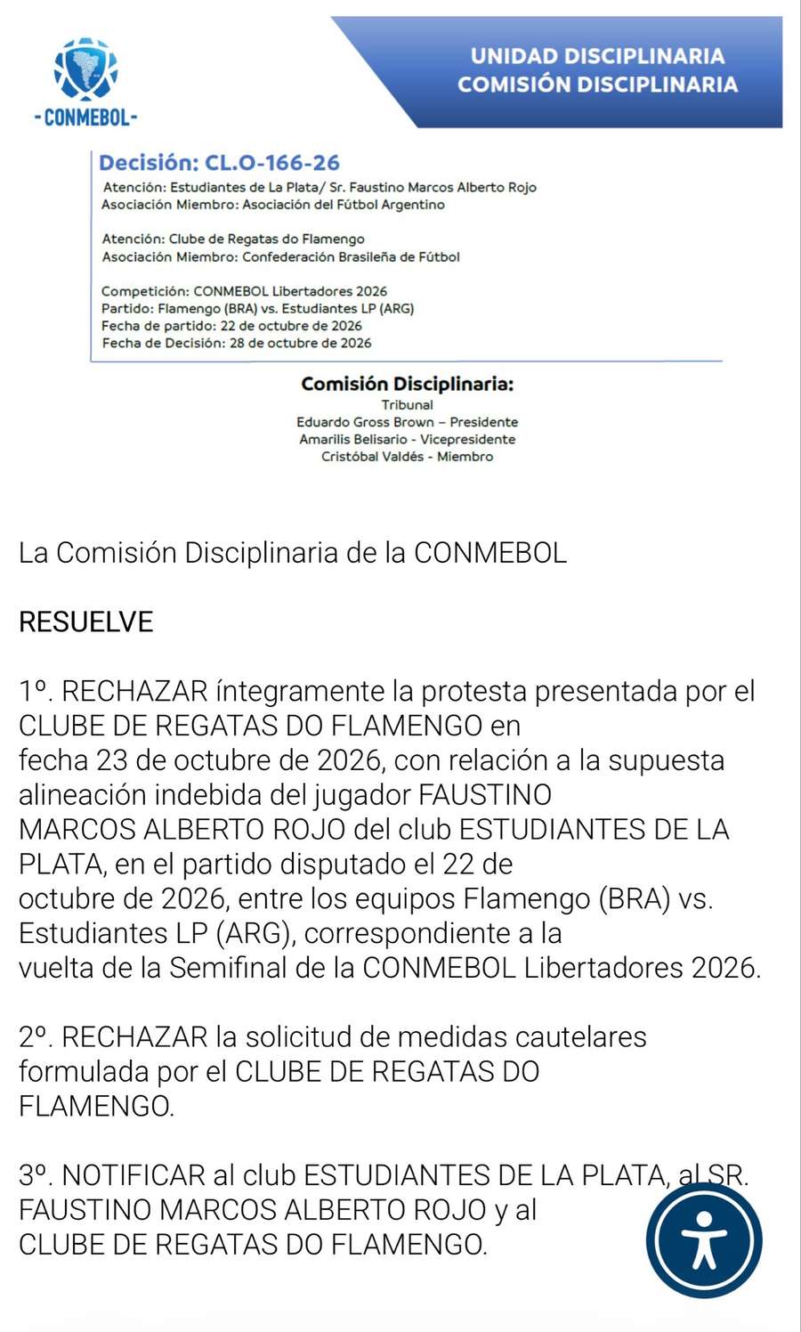 Decisão da Comissão Disciplinar da Conmebol Decisão da Comissão Disciplinar da Conmebol